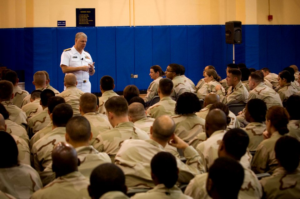 US Navy 080811-N-8273J-044 Chief of Naval Operations (CNO) Adm. Gary Roughead speaks with Sailors during an all hands call at Naval Forces Central Command