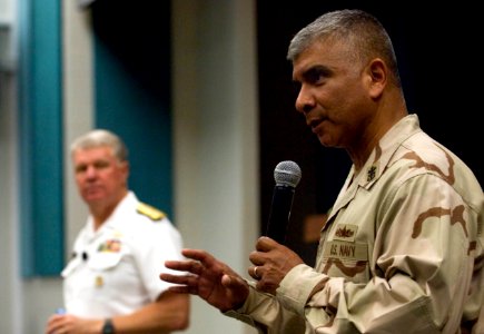 US Navy 080811-N-8273J-121 Master Chief Petty Officer of the Navy (MCPON) Joe R. Campa Jr., right, and Chief of Naval Operations (CNO) Adm. Gary Roughead speak with senior leadership during an all-hands call at Naval Forces Cen