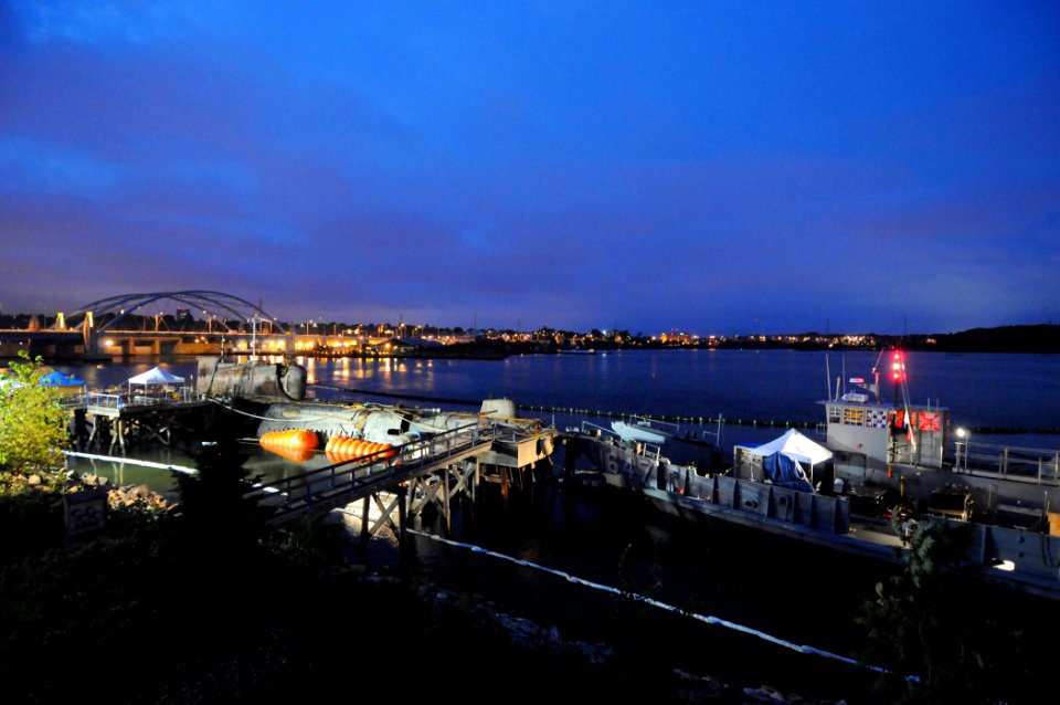 US Navy 080811-N-8933S-088 Twilight falls on the former Soviet submarine-turned museum, Juliett 484 and Landing Craft Utility (LCU) 1647 at Collier Point Park
