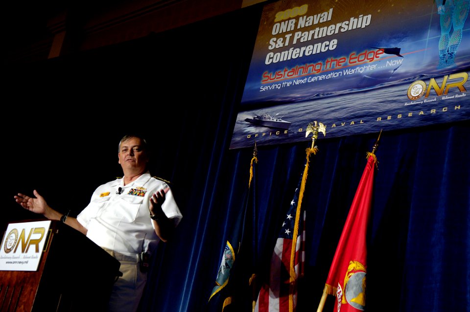 US Navy 080812-N-7676W-019 Chief of Naval Research Rear Adm. William E. Landay III provides the opening presentation during the Office of Naval Research (ONR) 2008 Science and Technology (S^T) Partnership Conference