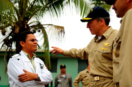 US Navy 080813-N-4515N-150 Rear. Adm. Joseph Kernan, commander of the U.S. 4th Fleet, speaks to a doctor from Hospital Nuevo Amanecer Enfermera Nancy Bach, a local hospital in Puerto Cabezas photo
