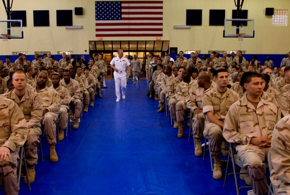 US Navy 080811-N-8273J-007 Chief of Naval Operations (CNO) Adm. Gary Roughead speaks with Sailors during an all hands call at Naval Forces Central Command