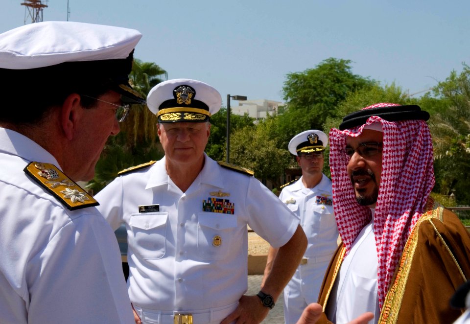 US Navy 080811-N-8273J-212 Commodore Peter Hudson of the Royal Navy, left, and Chief of Naval Operations (CNO) Adm. Gary Roughead, speak with Crown Prince of Bahrain, Gen. Khalifa Bin Almed Al Khalifa, Commander in Chief, Bahra