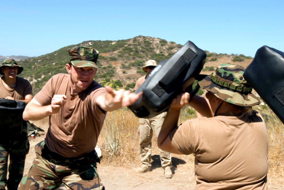 US Navy 080811-N-9671T-013 Chief Mass Communication Specialist Rod Furry fends off simulated attackers during a hand-to-hand combat drill during Quick Shot 2008