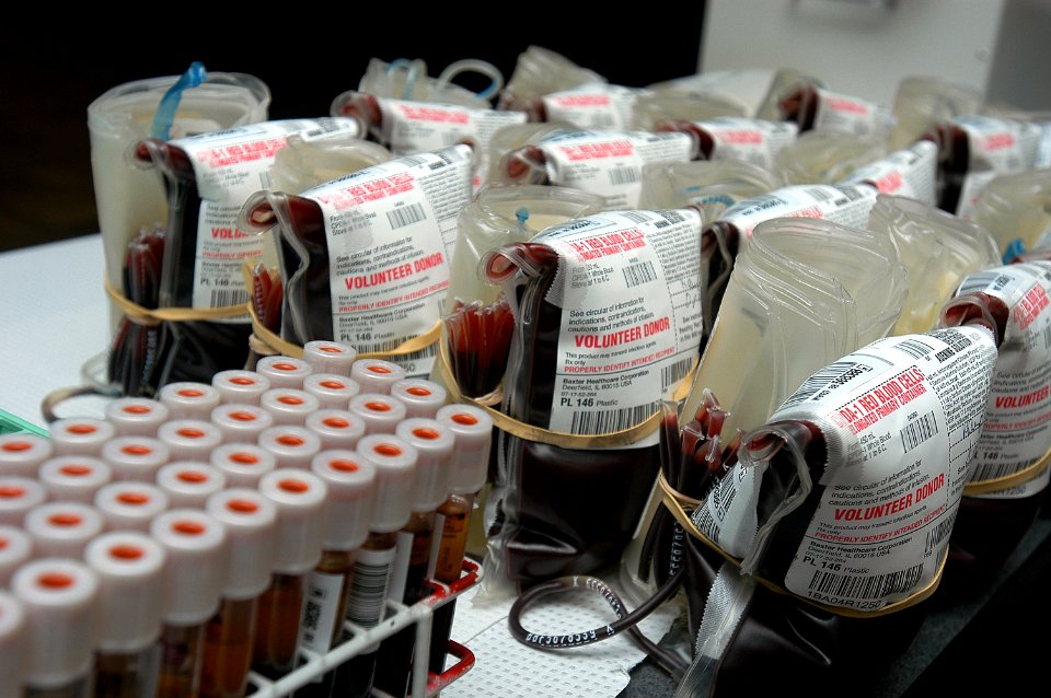 US Navy 080814-N-0486G-006 Bags and vials of blood await processing during the Armed Services Blood Program (ASBP) Blood drive at Naval Station Mayport