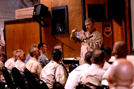 US Navy 080813-N-8273J-234 Chief of Naval Operations (CNO) Adm. Gary Roughead answers questions from Sailors during all-hands call