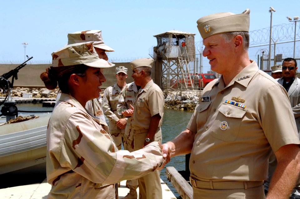 US Navy 080812-N-8273J-224 Chief of Naval Operations (CNO) Adm. Gary Roughead speaks to Sailors while receiving a tour of Bahrain Port Facility