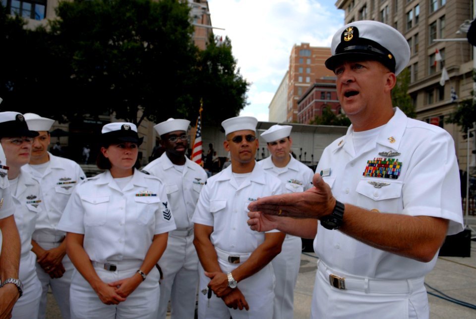 US Navy 080812-N-9818V-043 U.S. Pacific Fleet Master Chief Tom Howard speaks with more than 65 chief selectees at the U.S. Navy Memorial before a free summer