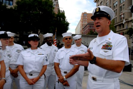 US Navy 080812-N-9818V-043 U.S. Pacific Fleet Master Chief Tom Howard speaks with more than 65 chief selectees at the U.S. Navy Memorial before a free summer