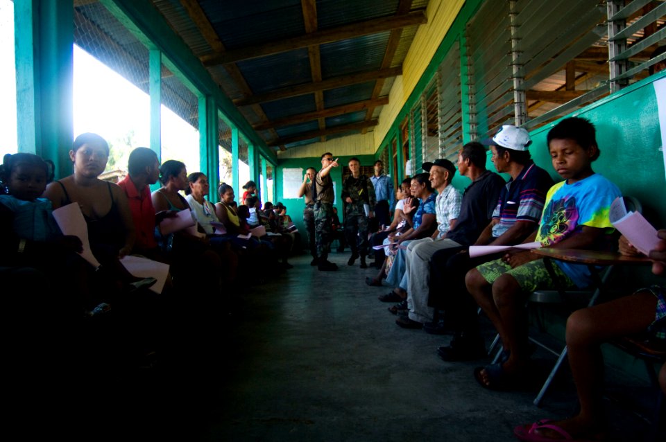 US Navy 080814-N-9620B-006 Nicaraguan families wait inside a classroom at Llano Verde School for medical treatment during a Continuing Promise 2008 medical humanitarian assistance project