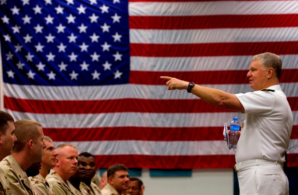 US Navy 080811-N-8273J-108 Chief of Naval Operations (CNO) Adm. Gary Roughead speaks with Sailors during an all hands call at Naval Forces Central Command