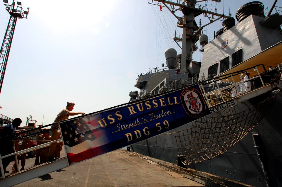 US Navy 080812-N-8273J-088 Chief of Naval Operations (CNO) Adm. Gary Roughead boards the Arleigh Burke-class destroyer USS Russell (DDG 59) to visit with Sailors and conduct an all hands call