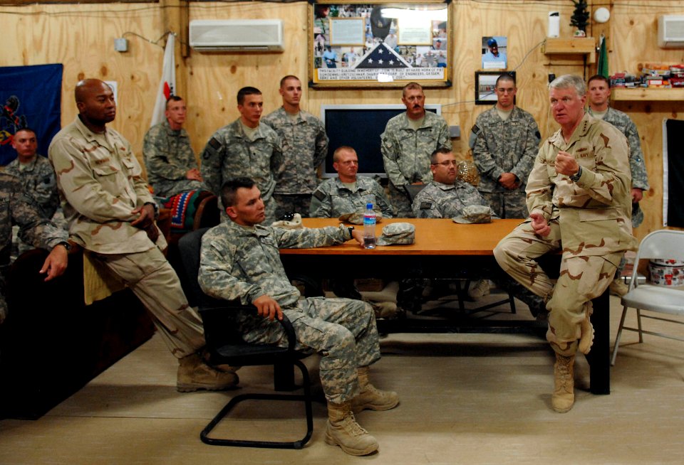 US Navy 080815-N-8273J-464 Chief of Naval Operations (CNO) Adm. Gary Roughead, speaks with Sailors while visiting Provincial Reconstruction Team (PRT) Ghazni