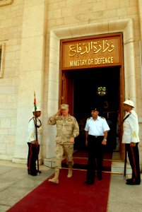 US Navy 080814-N-8273J-139 Chief of Naval Operations (CNO) Adm. Gary Roughead departs the Ministry of Defense building after conducting an office call with Head of the Iraqi Navy, Commodore Muhammad Jawad photo