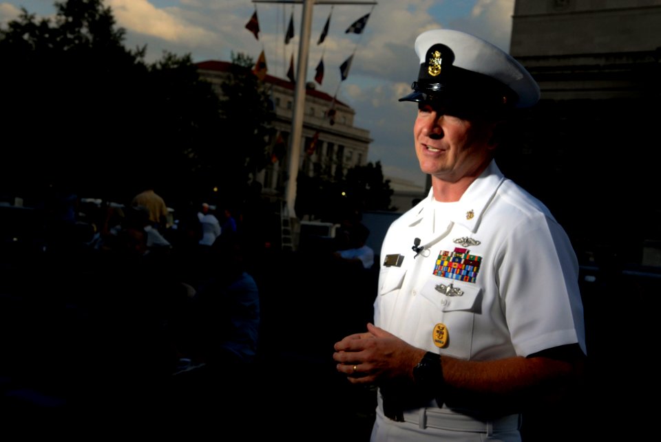 US Navy 080812-N-9818V-075 Fleet Master Chief Rick West, U.S. Fleet Forces Command, answers questions during an interview at the U.S. Navy Memorial before a free summer