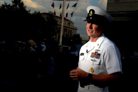 US Navy 080812-N-9818V-075 Fleet Master Chief Rick West, U.S. Fleet Forces Command, answers questions during an interview at the U.S. Navy Memorial before a free summer