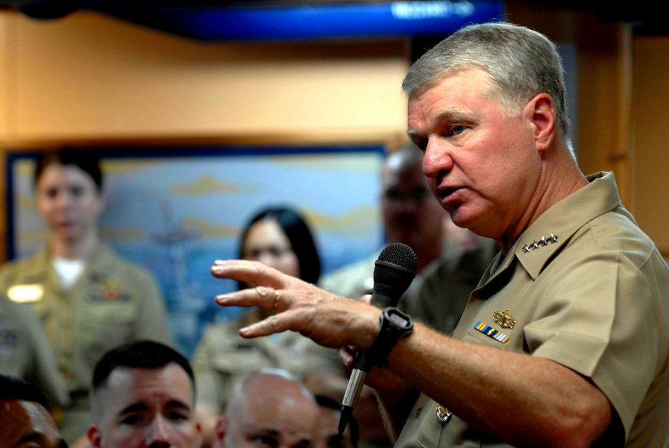 US Navy 080812-N-8273J-168 Chief of Naval Operations (CNO) Adm. Gary Roughead speaks to Sailors during an all hands call aboard the Arleigh Burke-class destroyer USS Russell (DDG 59)