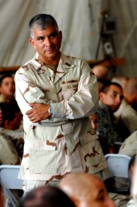 US Navy 080816-N-8273J-221 Master Chief Petty Officer of the Navy (MCPON) Joe R. Campa Jr. speaks with Sailors during an all hands call at Bagram Air Force Base photo