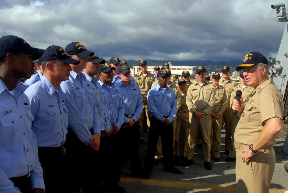 US Navy 080818-N-0995C-059 Chief of Naval Operations (CNO) Adm. Gary Roughead answers questions from Sailors aboard the Arleigh Burke-class guided missile destroyer USS Chafee (DDG 90)