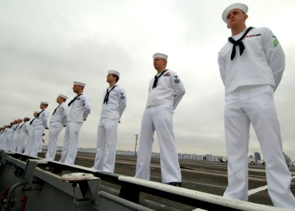 US Navy 080821-N-7282P-014 Sailors man the rails aboard the aircraft carrier USS George Washington (CVN 73)