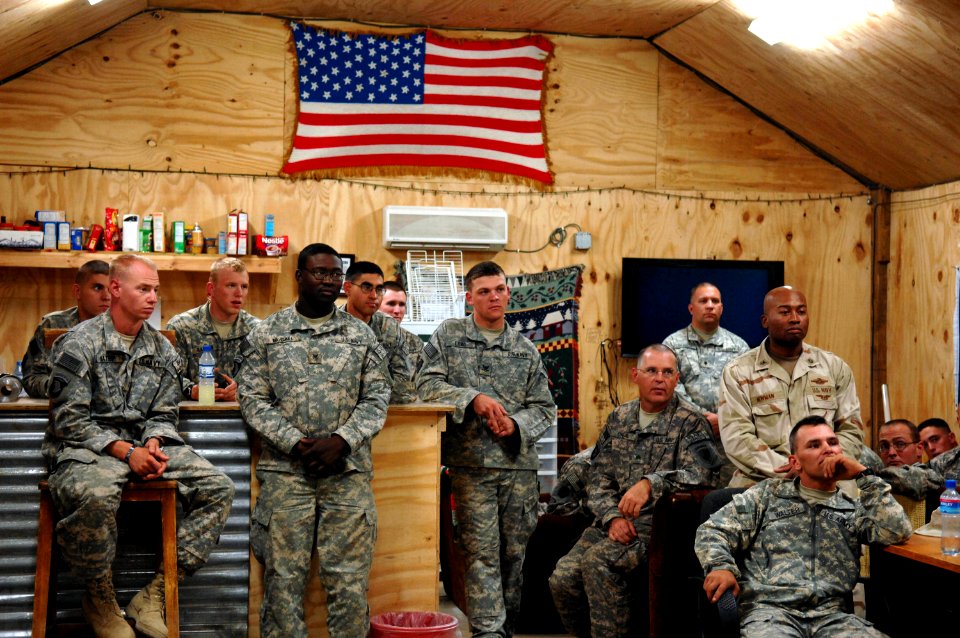 US Navy 080815-N-8273J-461 Sailors attend an all-hands call with Chief of Naval Operations (CNO) Adm. Gary Roughead at Provincial Reconstruction Team Ghazni