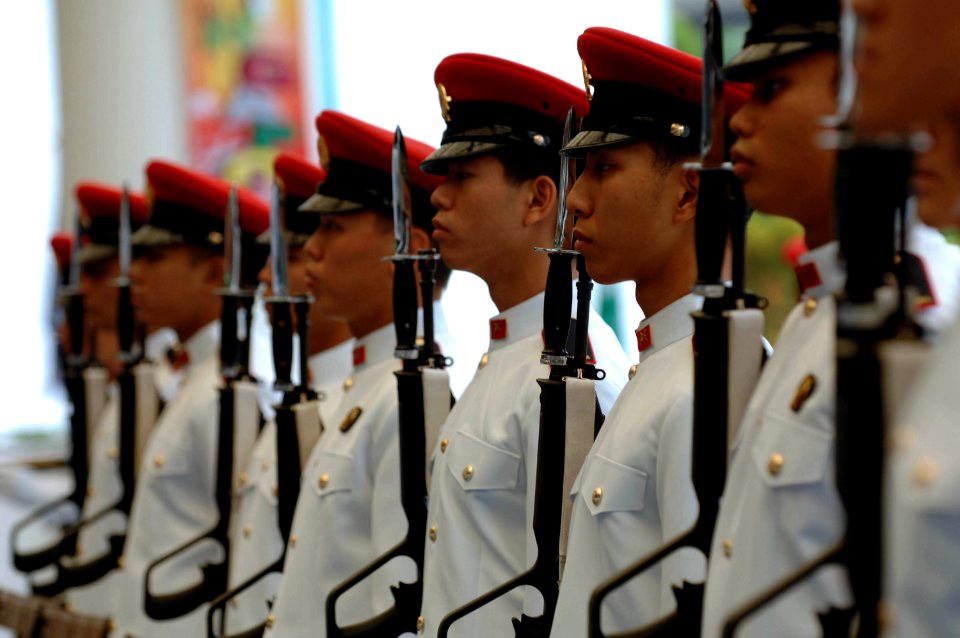 US Navy 080818-N-8273J-133 Sailors of the Republic of Singapore Navy prepare to be inspected by Chief of Naval Operations (CNO) Adm. Gary Roughead during a ceremony in which Roughead was awarded Republic of Singapore's Meritori