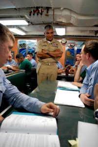 US Navy 080818-N-8273J-227 Master Chief Petty Officer of the Navy (MCPON) Joe R. Campa Jr. speaks with Sailors while visiting the Los Angeles-class fast-attack submarine USS Columbia (SSN 771)