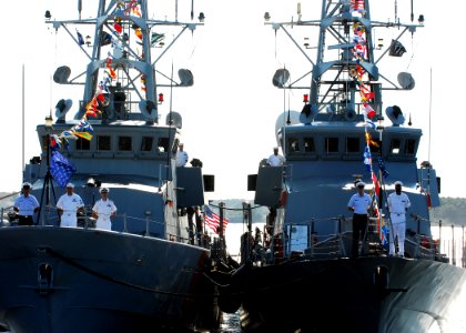 US Navy 080822-N-5033P-048 Patrol coastal ships USS Monsoon (PC 4) and USS Tempest (PC 2) are moored at Naval Amphibious Base Little Creek during an Inter-Service Transfer Ceremony