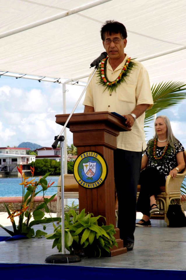 US Navy 080822-N-0209M-003 The Honorable Manny Mori, president of the Federated States of Micronesia, speaks at an opening ceremony welcoming Pacific Partnership to the Chuuk islands