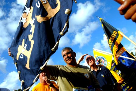 US Navy 080823-N-9818V-548 Master Chief Petty Officer of the Navy (MCPON) Joe R. Campa Jr., MCPON Robert Walker and MCPON Duane R. Bushey (not shown) judge the guidons for the fourth annual