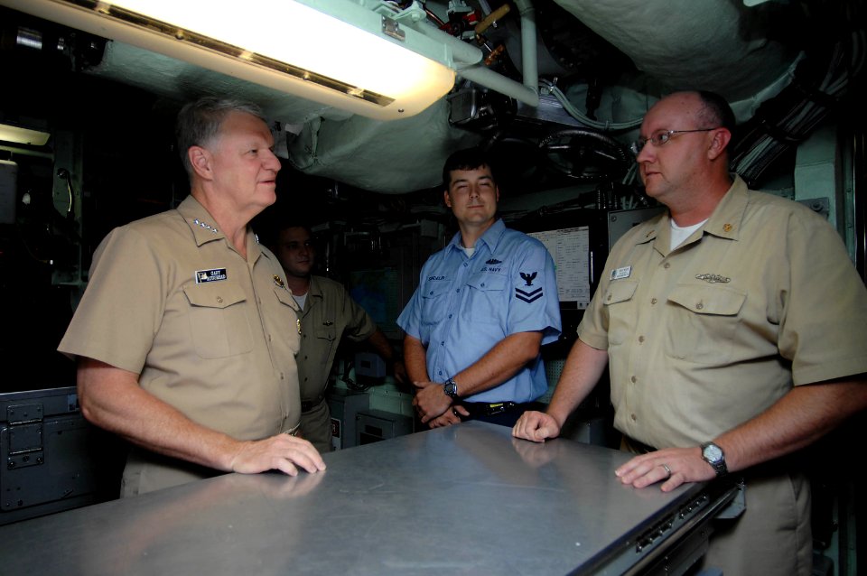 US Navy 080818-N-8273J-218 Chief of Naval Operations (CNO) Adm. Gary Roughead speaks with Sailors while visiting the Los Angeles-class fast-attack submarine USS Columbia (SSN 771)