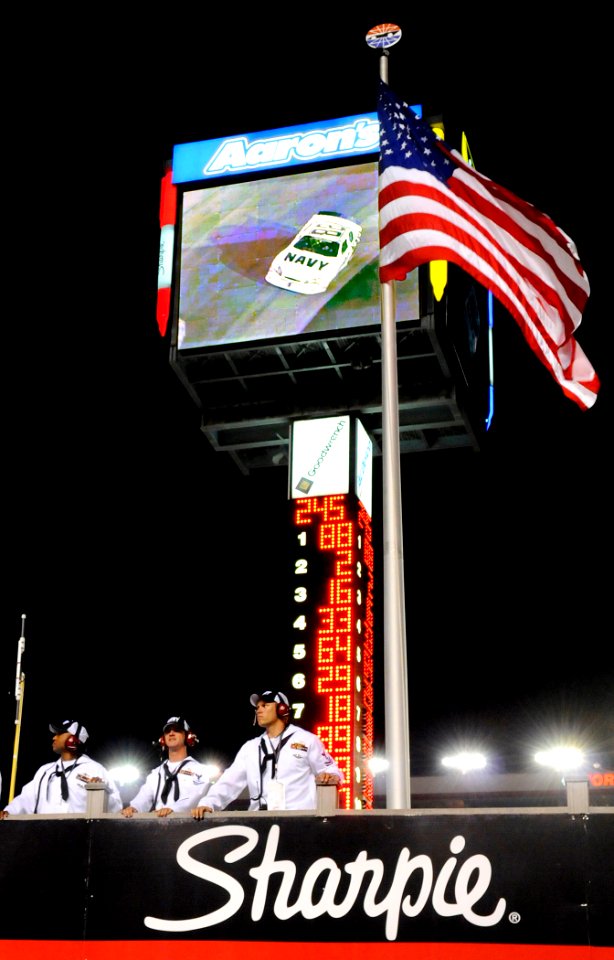 US Navy 080822-N-5345W-148 Sailors from Riverine Squadron (RIVRON) 1 watch from the infield tower as NASCAR Nationwide Series driver Brad Keselowski pilots the No. 88 U.S. Navy Chevrolet Monte Carlo