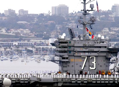 US Navy 080821-N-4163T-002 Sailors man the rails of the aircraft carrier USS George Washington (CVN 73) as it departs Naval Air Station North Island