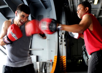 US Navy 080825-N-8534H-002 Aviation Machinist's Mate 3rd Class Nathaniel Zamora trains for his shot to be a part of the All-Navy Boxing Team while underway with the aircraft carrier USS George Washington (CVN 73)