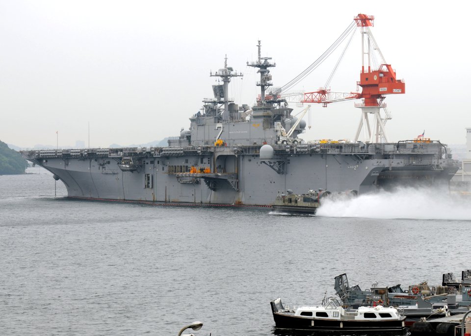 US Navy 080826-N-0120A-125 Landing Craft Air Cushion (LCAC) 63 flies by the forward-deployed amphibious assault ship USS Essex (LHD 2), in preparation for up-coming humanitarian disaster relief exercises between the partner nat