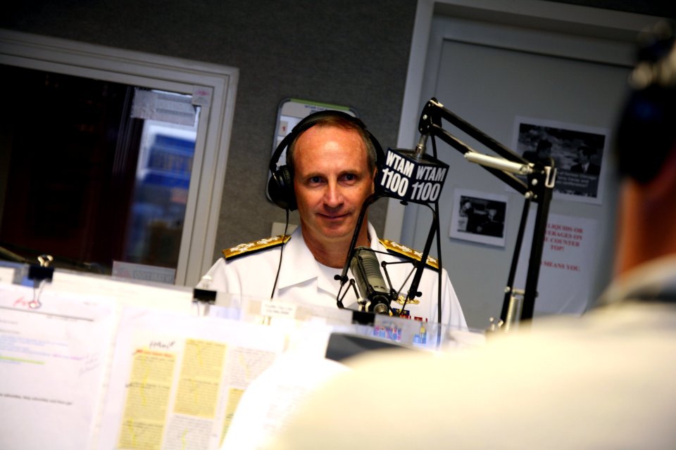 US Navy 080826-N-3271W-007 Admiral Jonathan W. Greenert conducts an interview on the Wills and Snyder Morning Show
