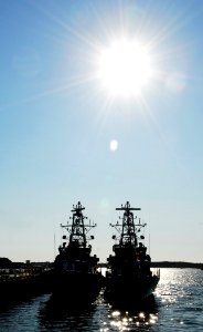 US Navy 080822-N-5033P-005 Patrol coastal ships USS Monsoon (PC 4) and USS Tempest (PC 2) are moored at Naval Amphibious Base Little Creek during an Inter-Service Transfer Ceremony