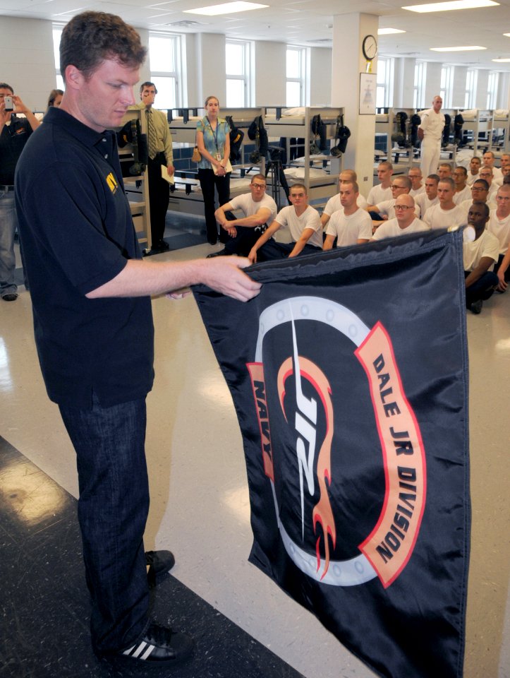 US Navy 080827-N-8848T-416 Dale Earnardt Jr. views the Dale Jr. Division guidon