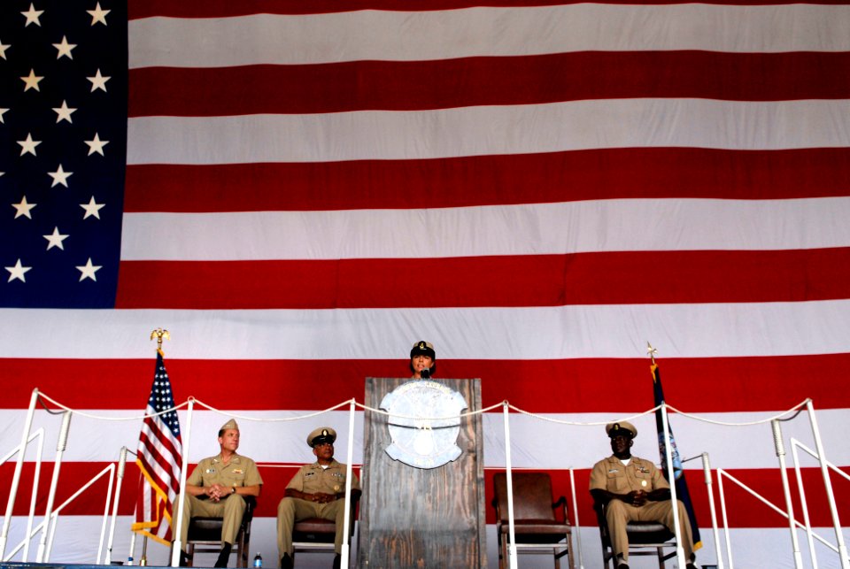 US Navy 080825-N-9818V-224 hief Aviation Warfare Systems Operator Kathleen Reilly, Commander, Navy Reserve Sailor of the Year, addresses her guest after being meritoriously promoted to chief petty officer during the 2008 Navy R