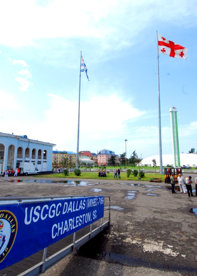 US Navy 080827-N-4044H-016 The brow of U.S. Coast Guard Cutter Dallas (WHEC 716) is let down as the ship arrives in the port of Batumi with more than 76,000 pounds of humanitarian assistance supplies to be given to the people o