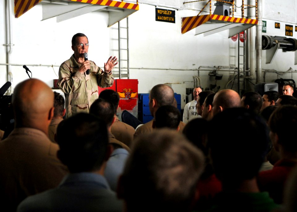 US Navy 080827-N-7981E-251 Chairman, Joint Chiefs of Staff Adm. Mike Mullen speaks to Sailors gathered in the hangar bay of the aircraft carrier USS Abraham Lincoln (CVN 72)