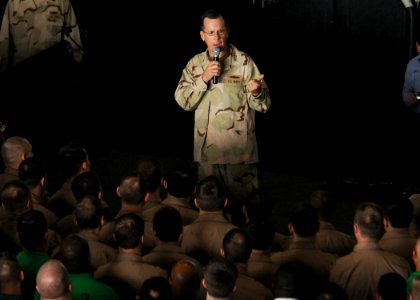 US Navy 080827-N-9898L-064 Chairman, Joint Chiefs of Staff Adm. Mike Mullen speaks to Sailors gathered in the hangar bay of the aircraft carrier USS Abraham Lincoln (CVN 72)