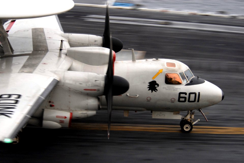 US Navy 080828-N-1635S-004 An E-2C Hawkeye lands on the flight deck of the Nimitz-class aircraft carrier USS Ronald Reagan (CVN 76)