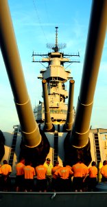 US Navy 080825-N-1688B-166 Chief selectees from the Hampton Roads area learn about the main weapons of the battleship USS Wisconsin (BB 64)