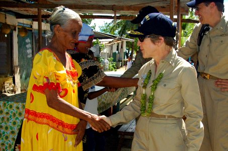 US Navy 080828-N-5086M-073 Rear Adm. Christine S. Hunter greets a local Micronesian woman