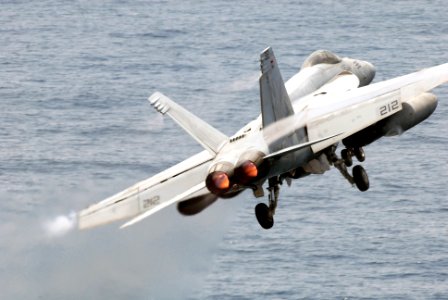 US Navy 080828-N-4995K-059 An F-A-18E Super Hornet launches from the flight deck of the Nimitz-class aircraft carrier USS Ronald Reagan (CVN 76) in support of Operation Enduring Freedom photo