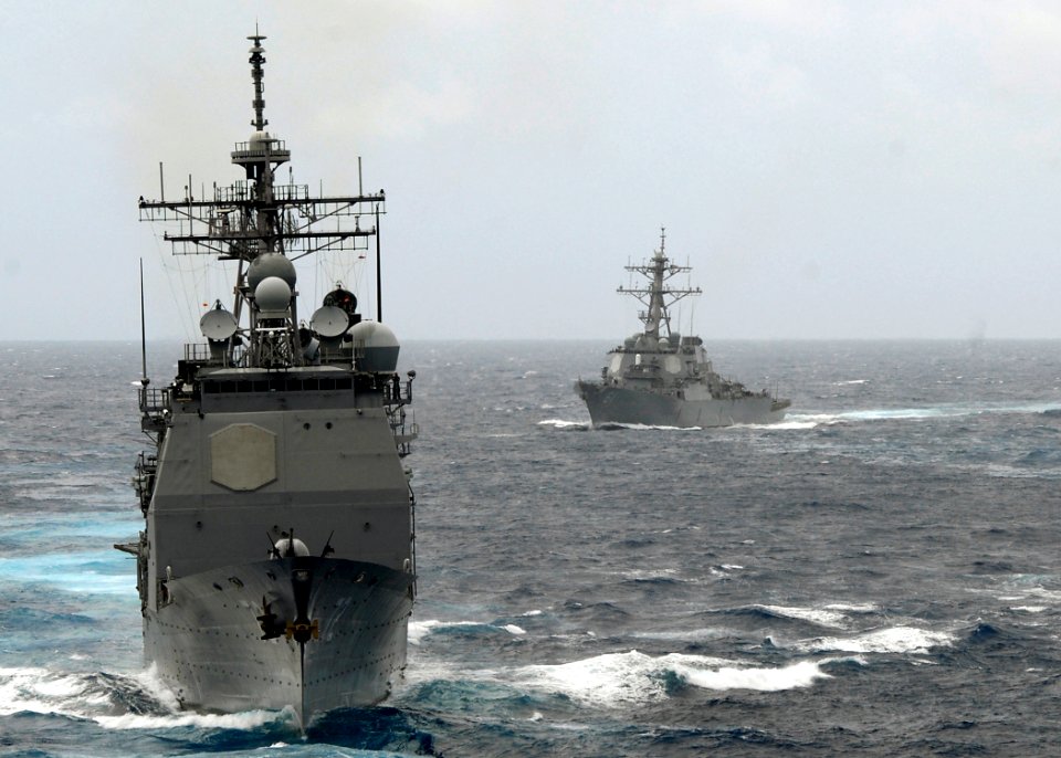 US Navy 080903-N-3392P-210 The guided-missile cruiser USS Vella Gulf (CG 72) and the guided-missile destroyer USS Ramage (DDG 61) transit the Atlantic Ocean