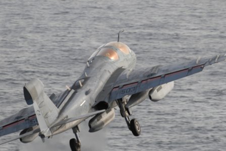 US Navy 080831-N-1635S-007 An EA-6B Prowler is catapulted off the flight deck of the Nimitz-class aircraft carrier USS Ronald Reagan (CVN 76)