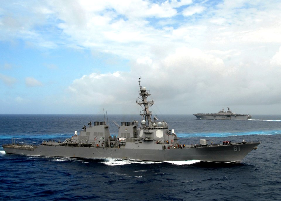 US Navy 080903-N-9134V-074 The guided-missile destroyer USS Ramage (DDG 61) and the multi-purpose amphibious assault ship USS Iwo Jima (LHD 7) steam through the Atlantic Ocean