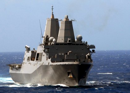 US Navy 080903-N-3392P-161 The amphibious transport dock ship USS San Antonio (LPD 17) steams through the Atlantic Ocean